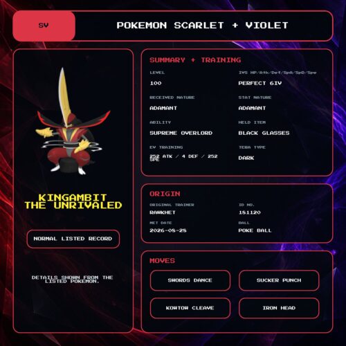 Kingambit the Unrivaled details for Pokemon Scarlet and Violet.