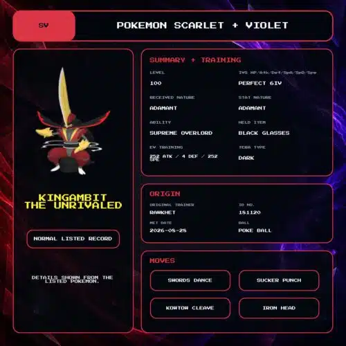 Kingambit the Unrivaled details for Pokemon Scarlet and Violet.