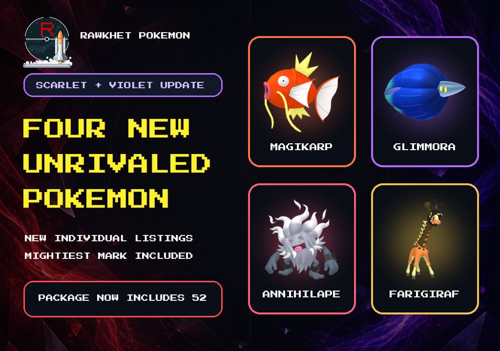 Magikarp, Glimmora, Annihilape, and Farigiraf shown as new Unrivaled Pokemon for Scarlet and Violet.
