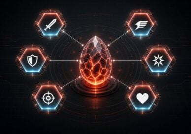 Six glowing stat icons surround a faceted egg, representing a Pokemon with perfect stats.