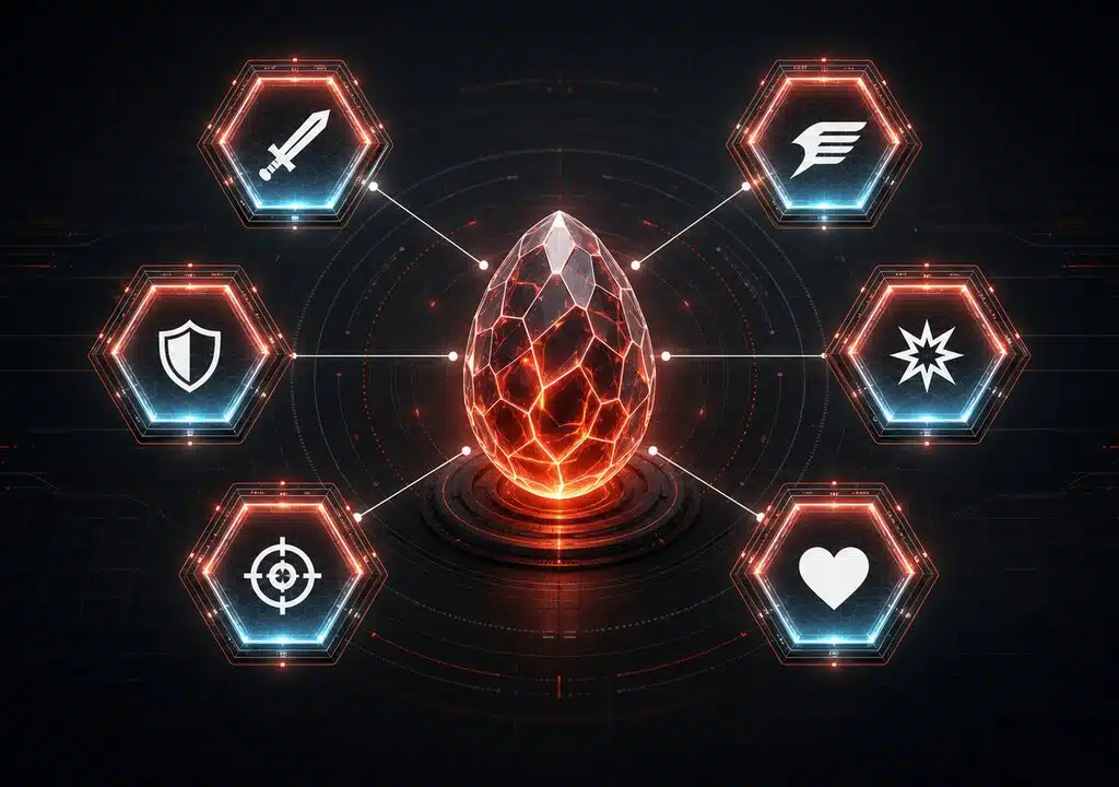 Six glowing stat icons surround a faceted egg, representing a Pokemon with perfect stats.