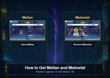 Meltan and Melmetal in Pokemon Legends Z-A, showing the catch and reward steps for Side Mission 193.
